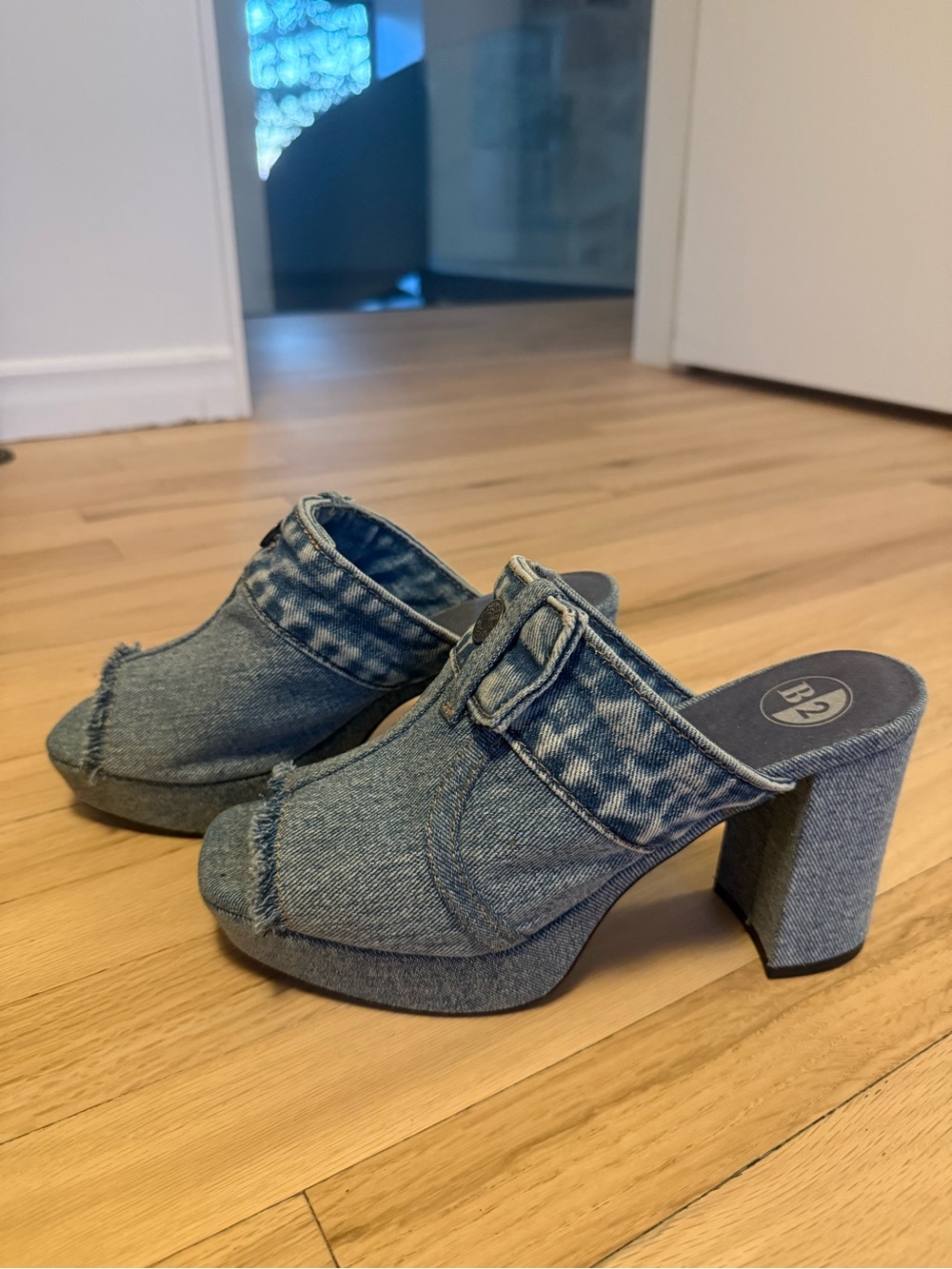 Denim Buckle Open-Toe Block Heel Mules - Blue